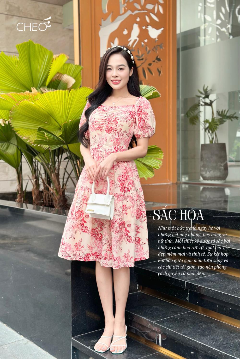 Đầm nhún ngực hoa đỏ nền trắng