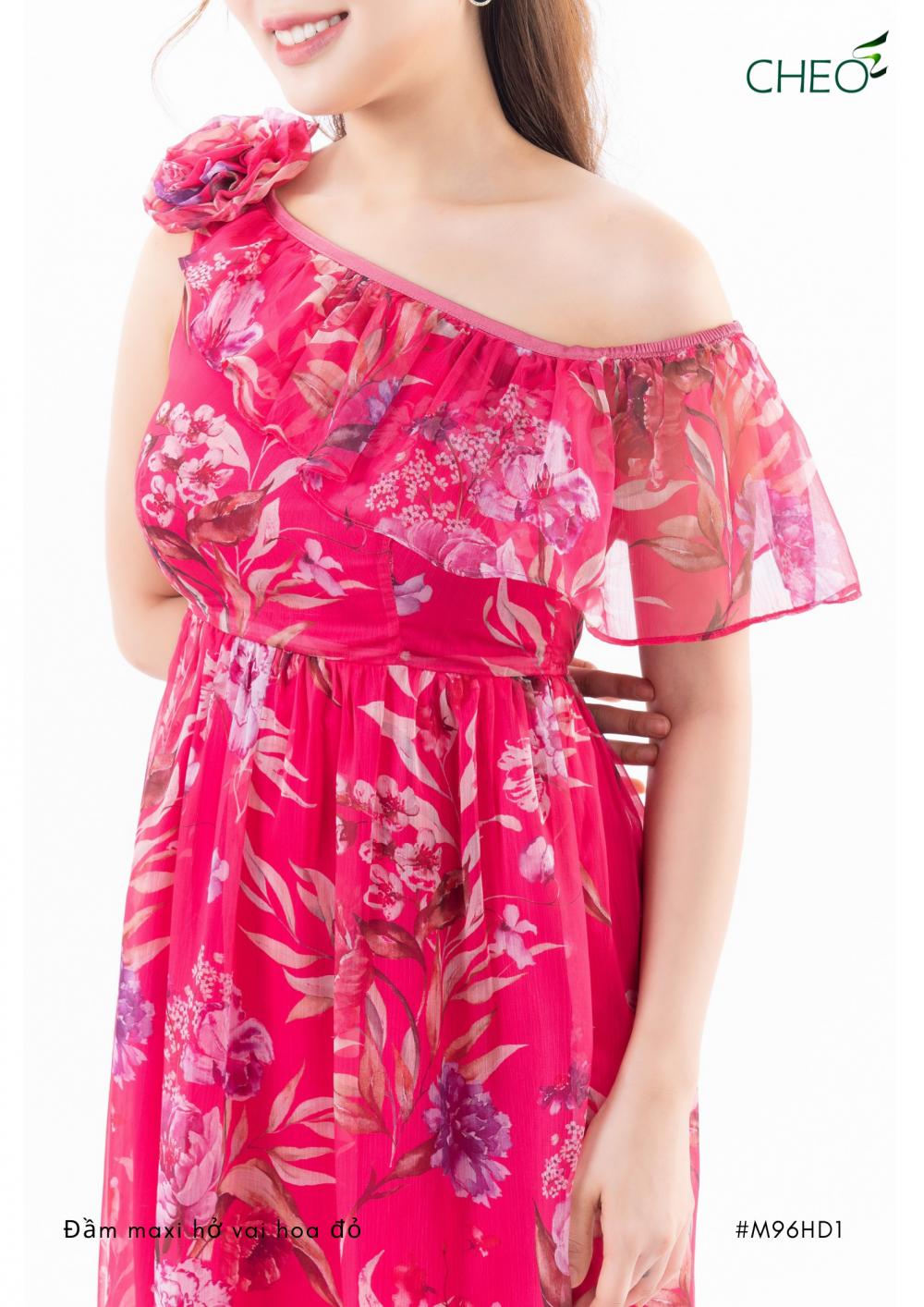 Đầm Maxi Hở Vai Hoa Đỏ