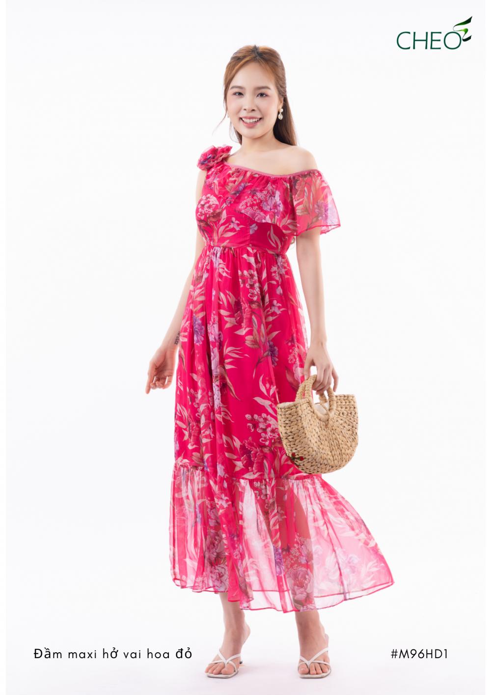 Đầm Maxi Hở Vai Hoa Đỏ