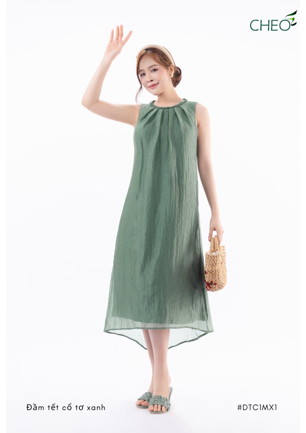 Đầm tết cổ tơ xanh