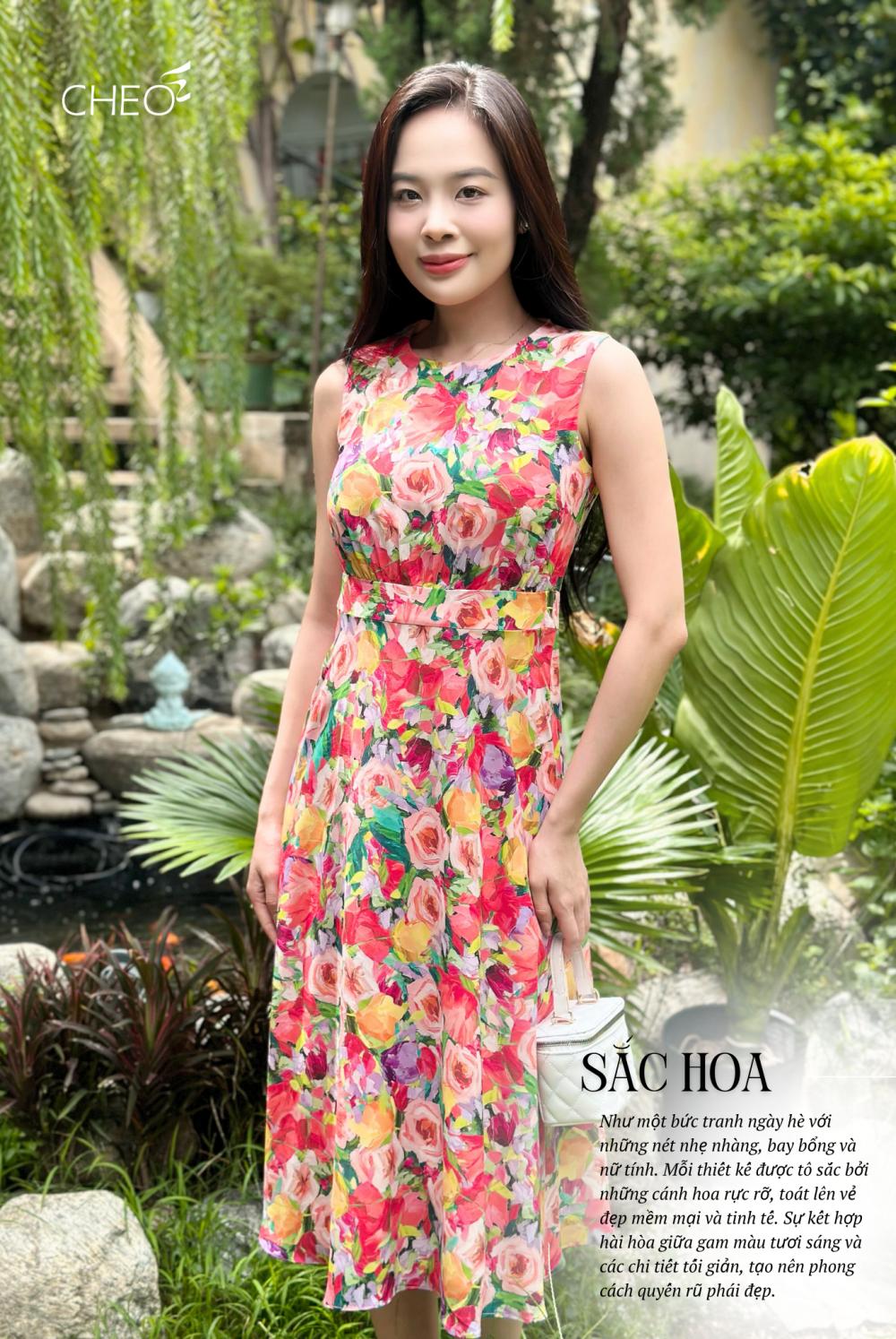 Đầm nhún eo A CF hoa sắc