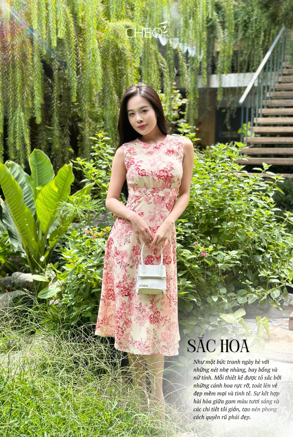 Đầm nhún eo A lụa hoa đỏ nền