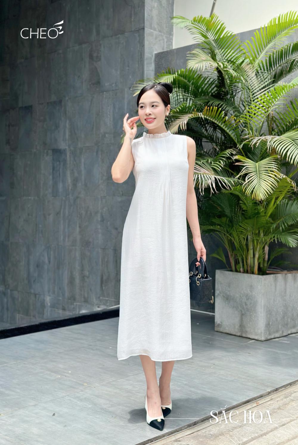 Váy xếp cổ A tơ trắng trơn