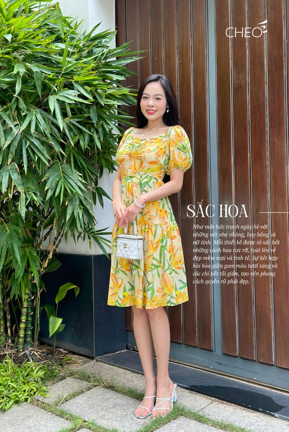 Đầm nhún ngực lá xanh cam